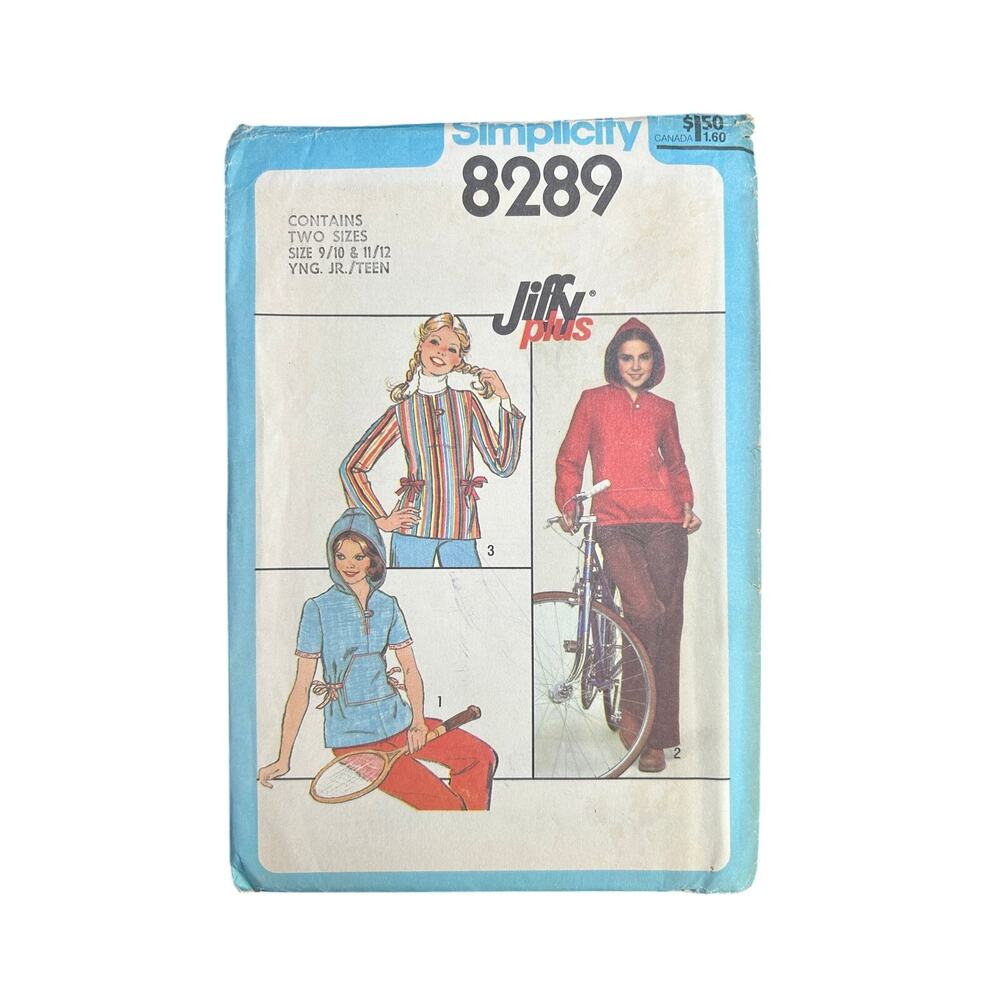 Vtg 70s Sewing Pattern-Simplicity Juniors Pullover Shirt with hood Sz 9-12 uncut
